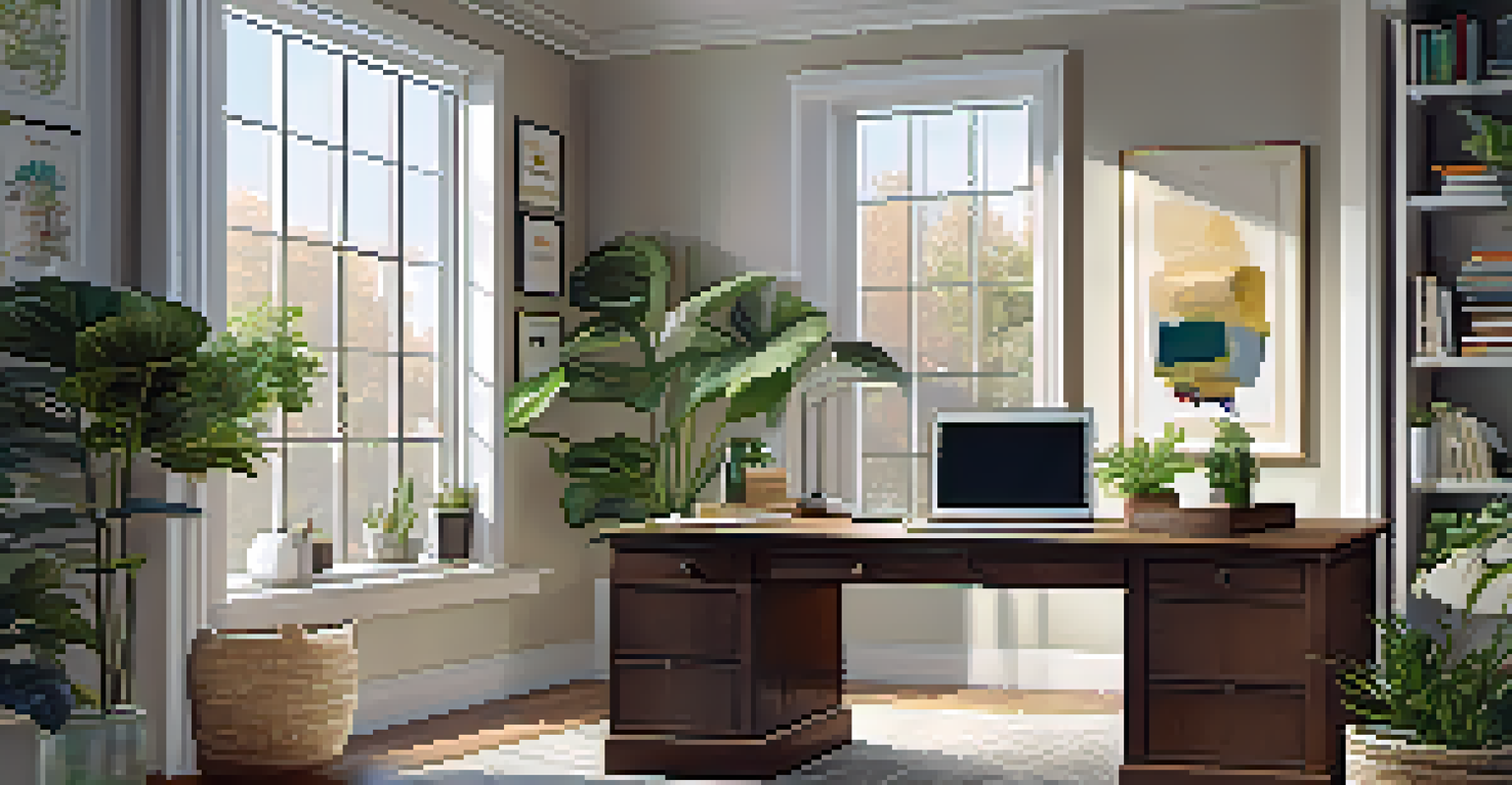 A cozy home office with a wooden desk, laptop, and real estate books illuminated by natural light.