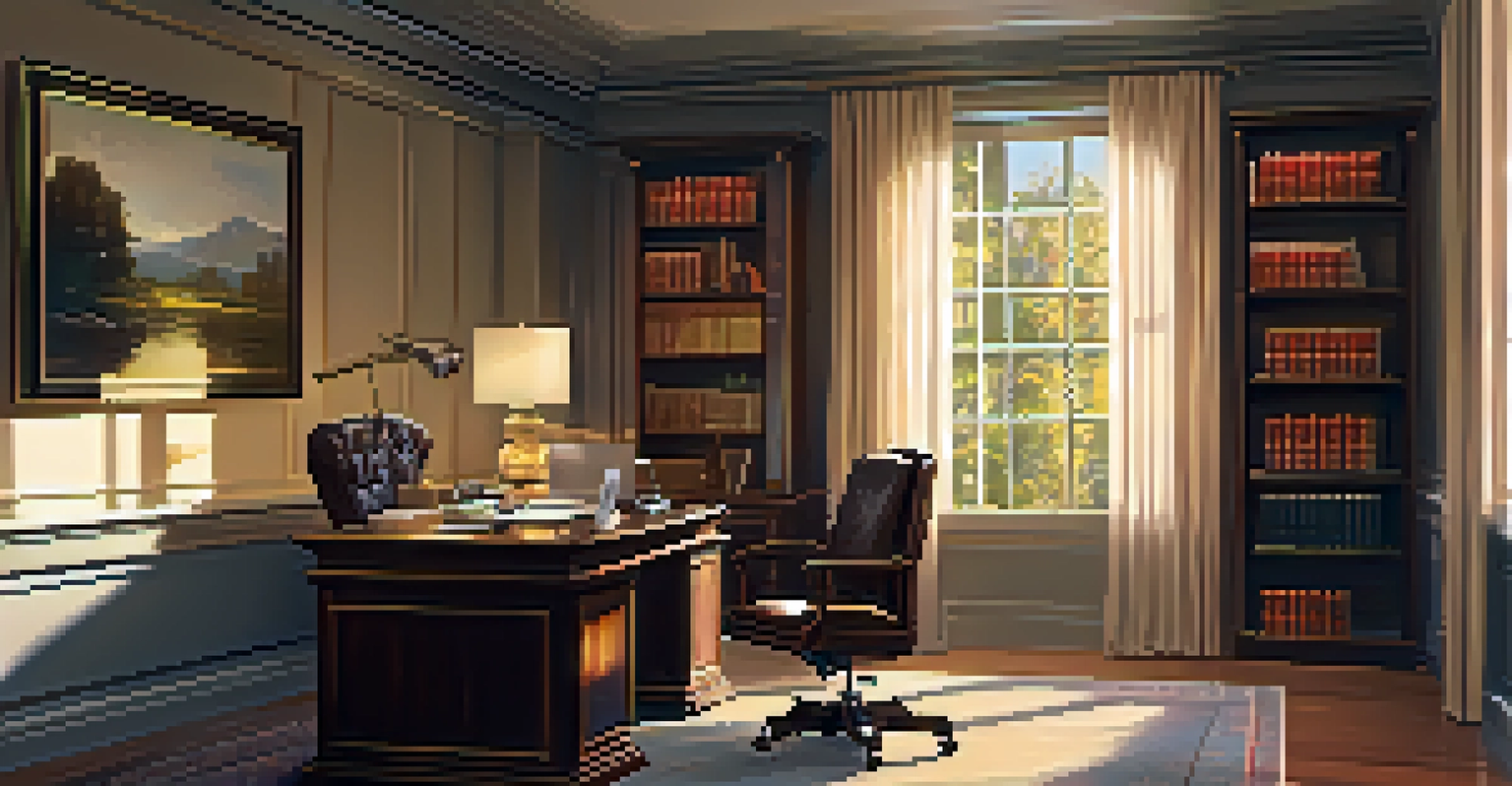 A professional workspace with a wooden desk, a laptop, and a bookshelf filled with law and finance books, illuminated by warm golden light.