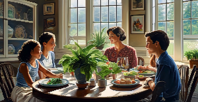 A family gathered around a dining table in a cozy living room, surrounded by houseplants and family photos, with soft natural light streaming in.