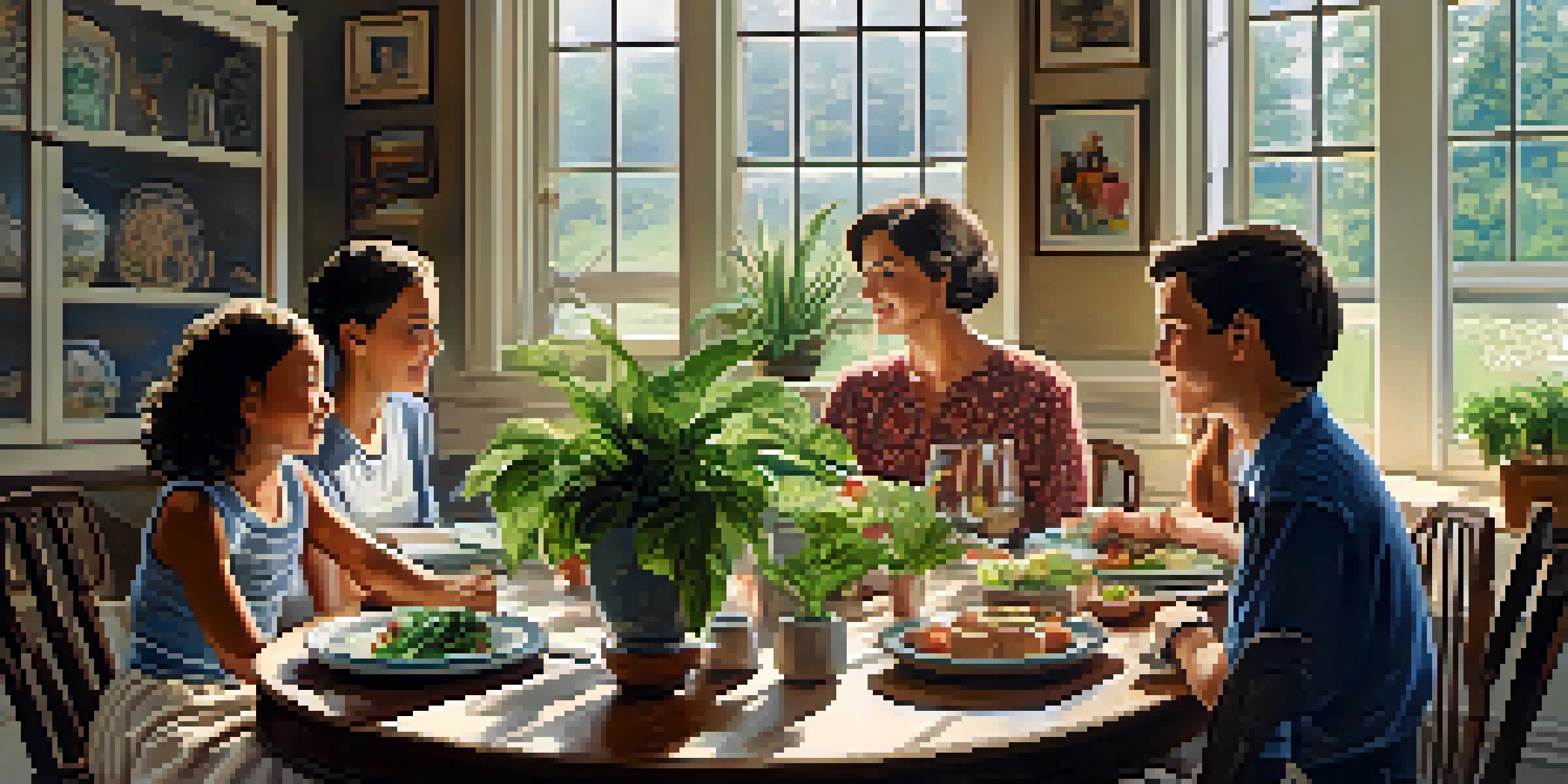 A family gathered around a dining table in a cozy living room, surrounded by houseplants and family photos, with soft natural light streaming in.