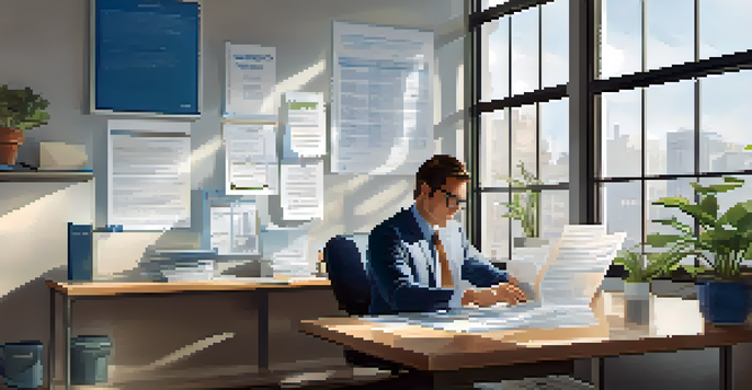 An employee in a professional office reviewing their W-2 form with a laptop and a well-organized desk.