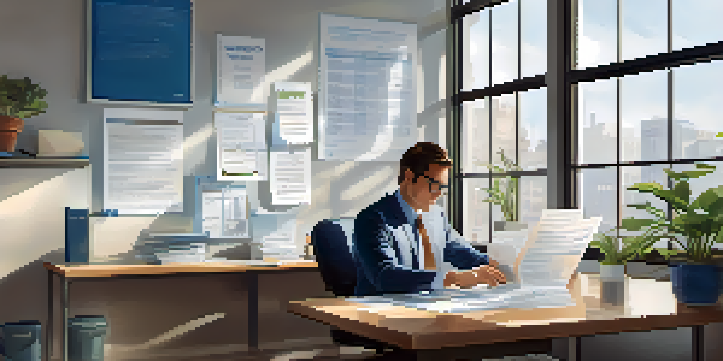 An employee in a professional office reviewing their W-2 form with a laptop and a well-organized desk.