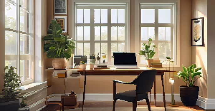 A cozy home office with a desk, laptop, plants, and sunlight shining through a window.