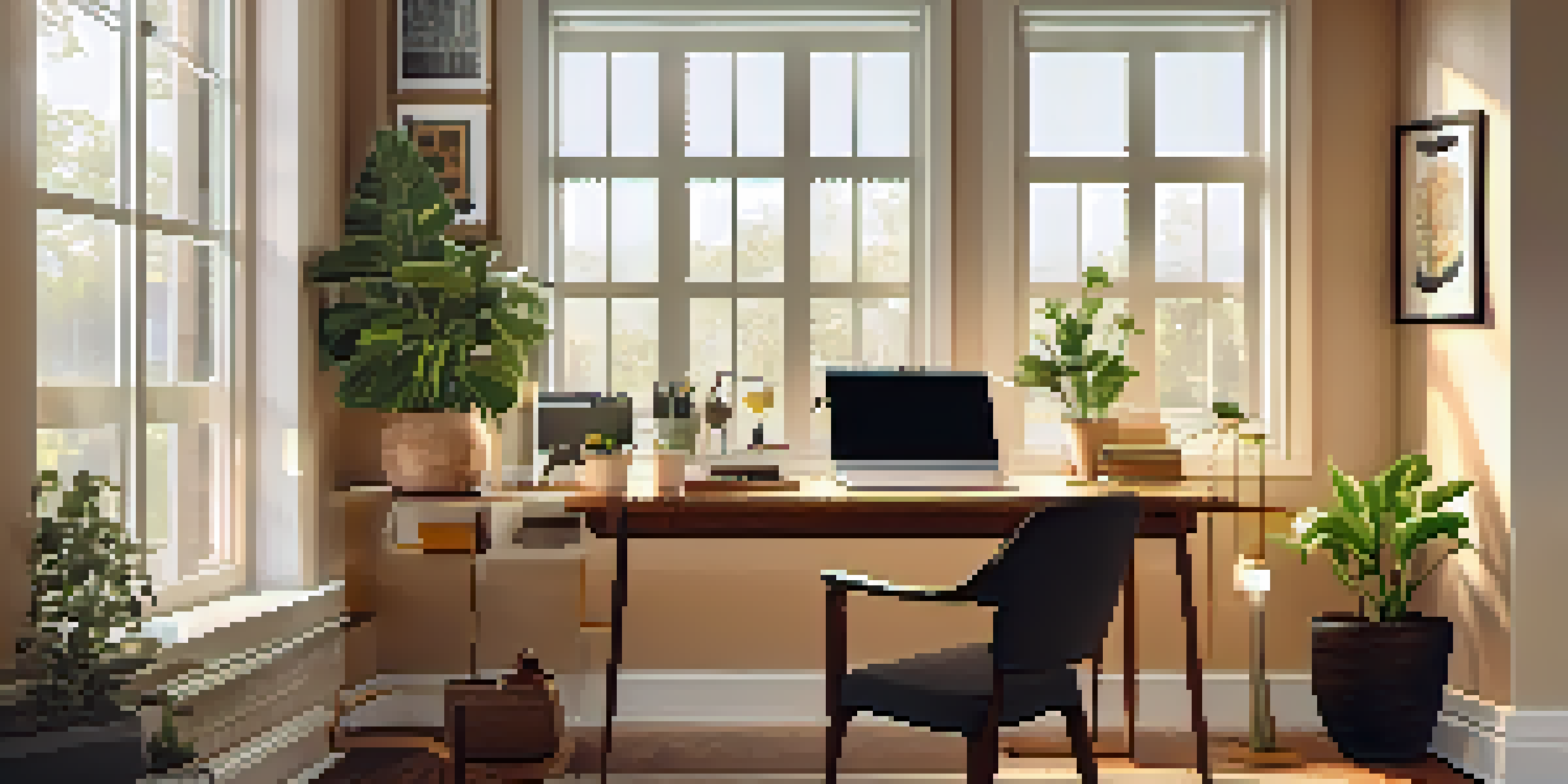 A cozy home office with a desk, laptop, plants, and sunlight shining through a window.