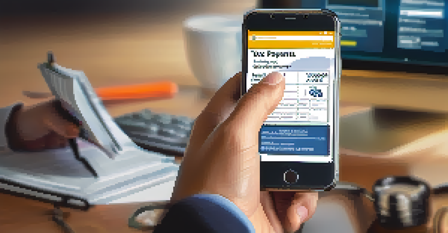 A hand holding a smartphone showing the IRS website for tax payments, with a blurred desk in the background featuring a laptop and paperwork.