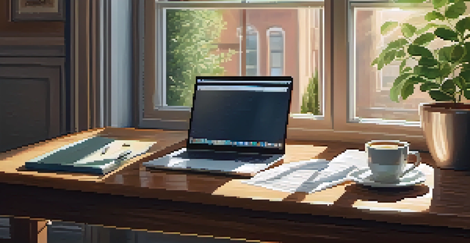 A warm and inviting home office with a wooden desk, laptop, financial documents, and a coffee mug, illuminated by sunlight.