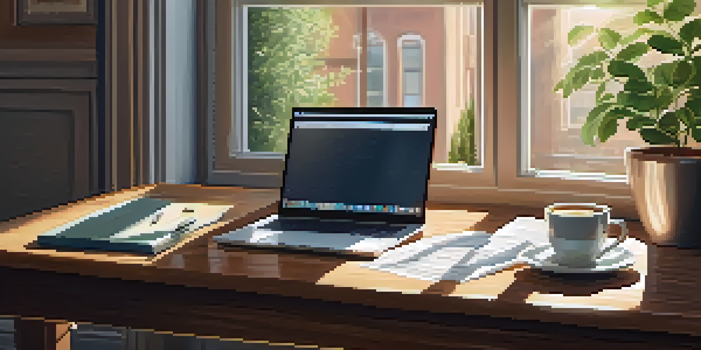 A warm and inviting home office with a wooden desk, laptop, financial documents, and a coffee mug, illuminated by sunlight.