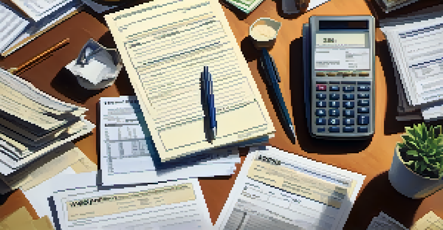 A table with tax documents, a calculator, and a pen, all bathed in warm light.