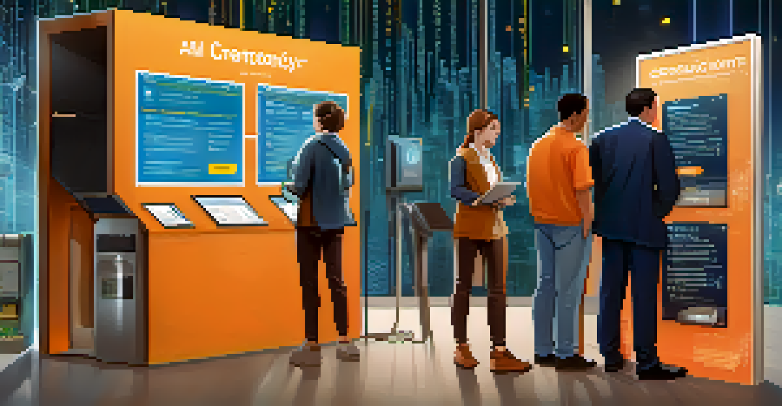 A diverse group of people providing ID documents at a digital kiosk, symbolizing KYC and AML regulations in cryptocurrency.