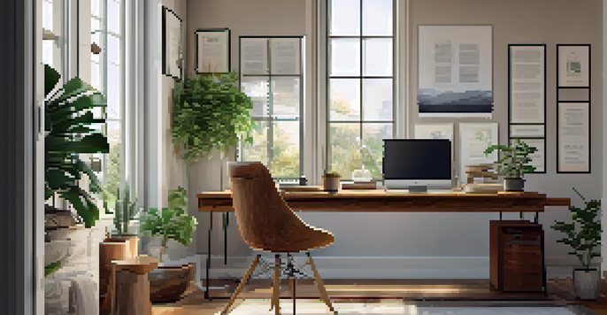 A cozy home office with natural light, wooden desk, laptop, coffee cup, and plants.