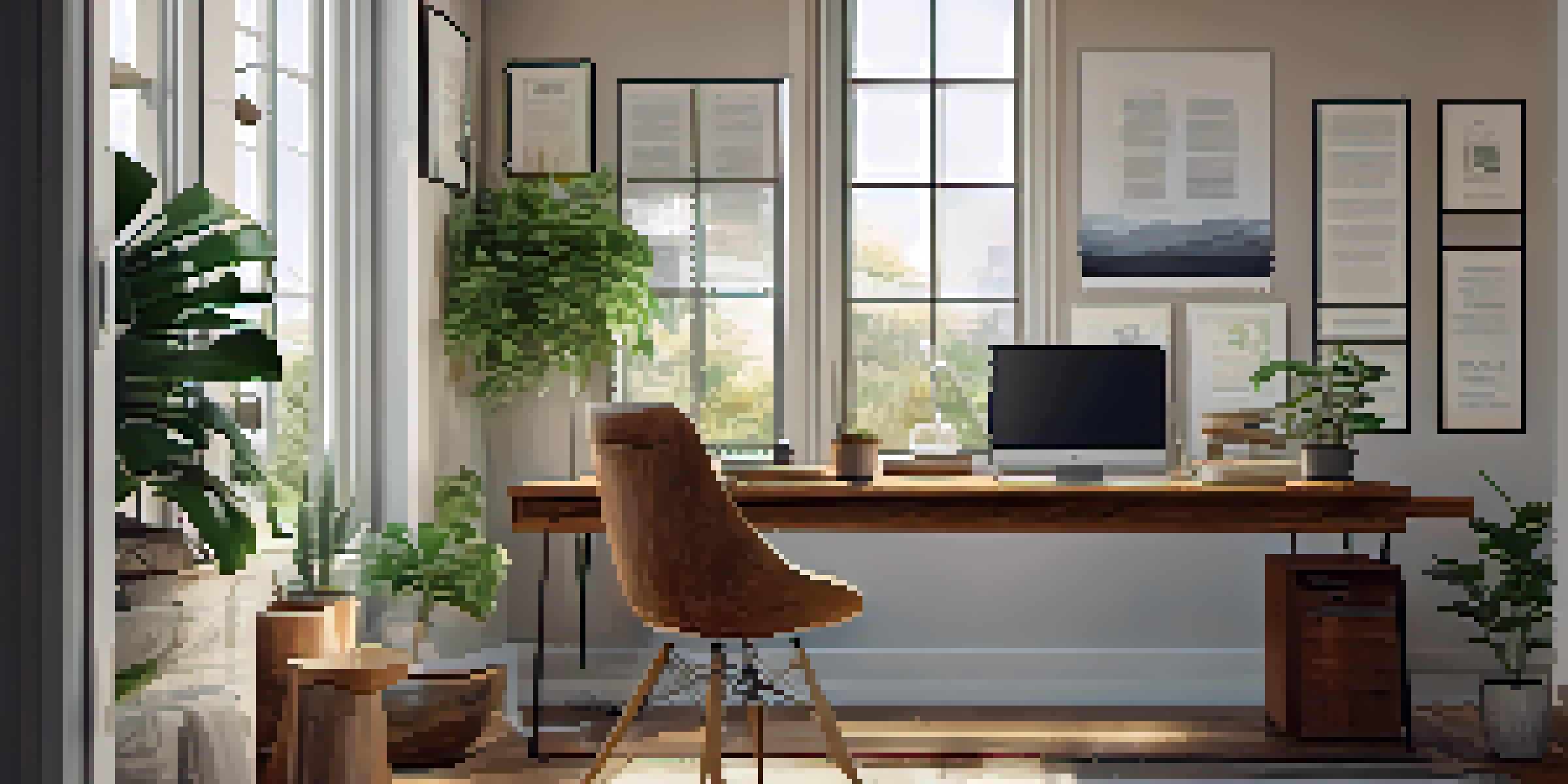 A cozy home office with natural light, wooden desk, laptop, coffee cup, and plants.