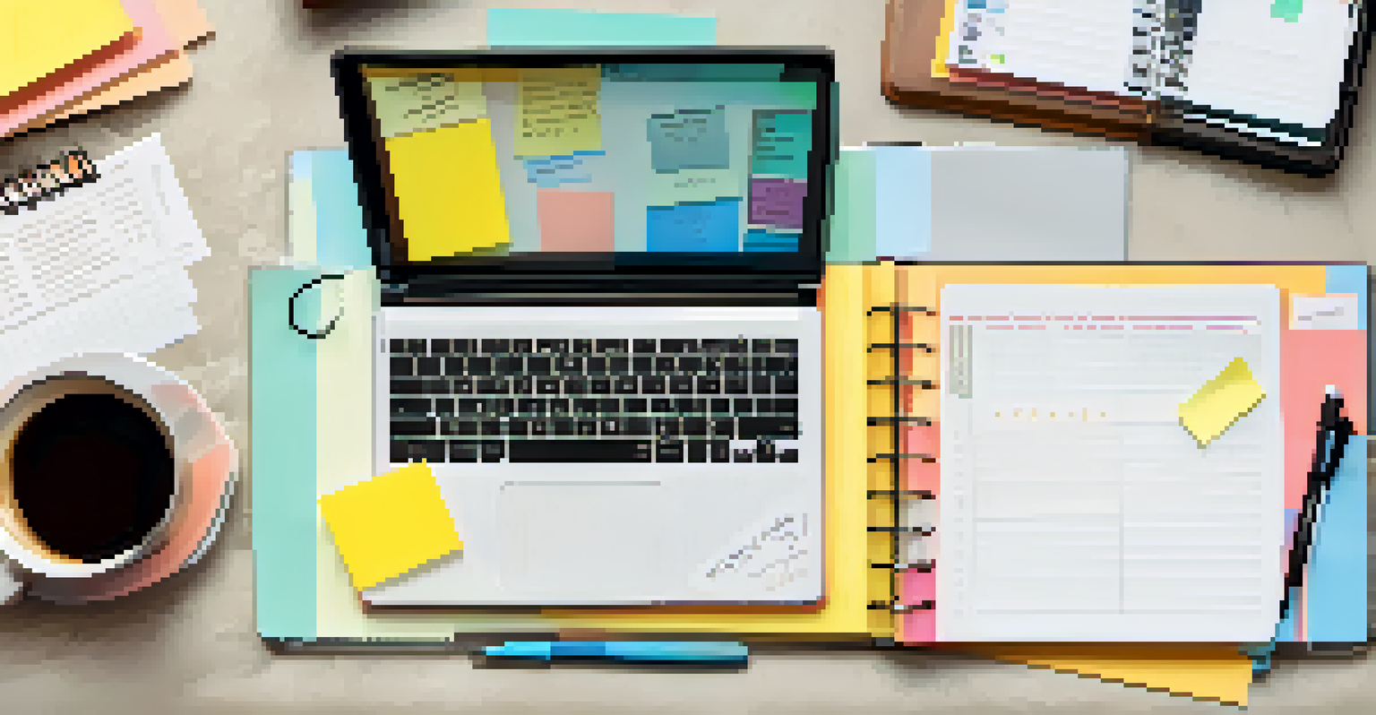 An organized workspace with an open planner, coffee cup, and laptop, featuring colorful sticky notes for reminders.