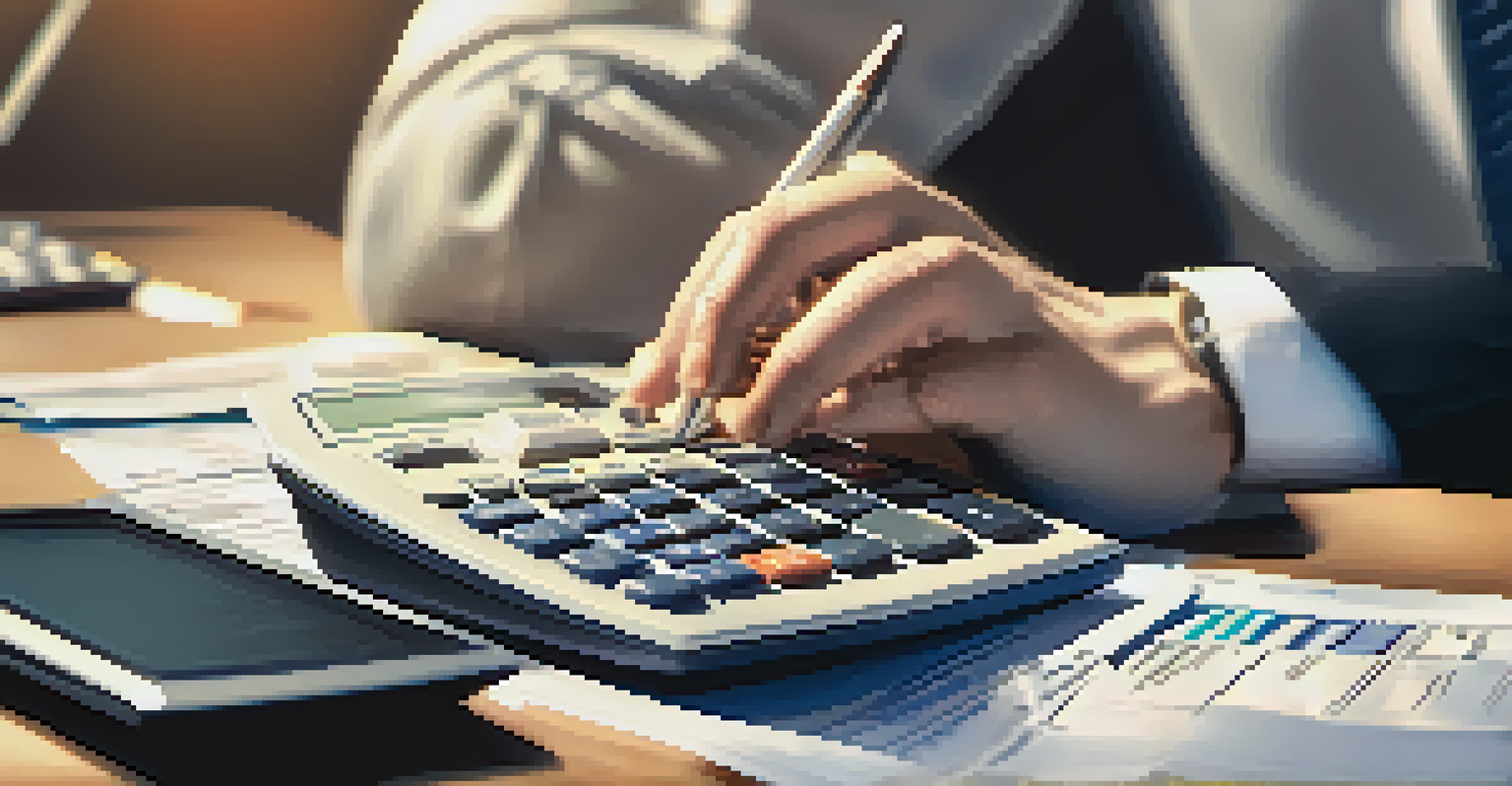 Close-up of a tax professional's hands using a calculator with tax documents spread out on a table.