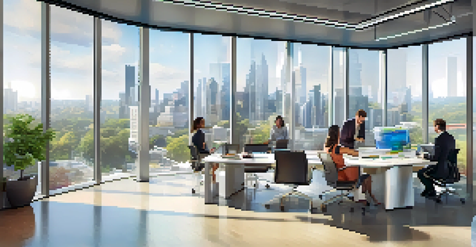 A diverse group of professionals in a modern office space, discussing around a conference table with a city view outside.