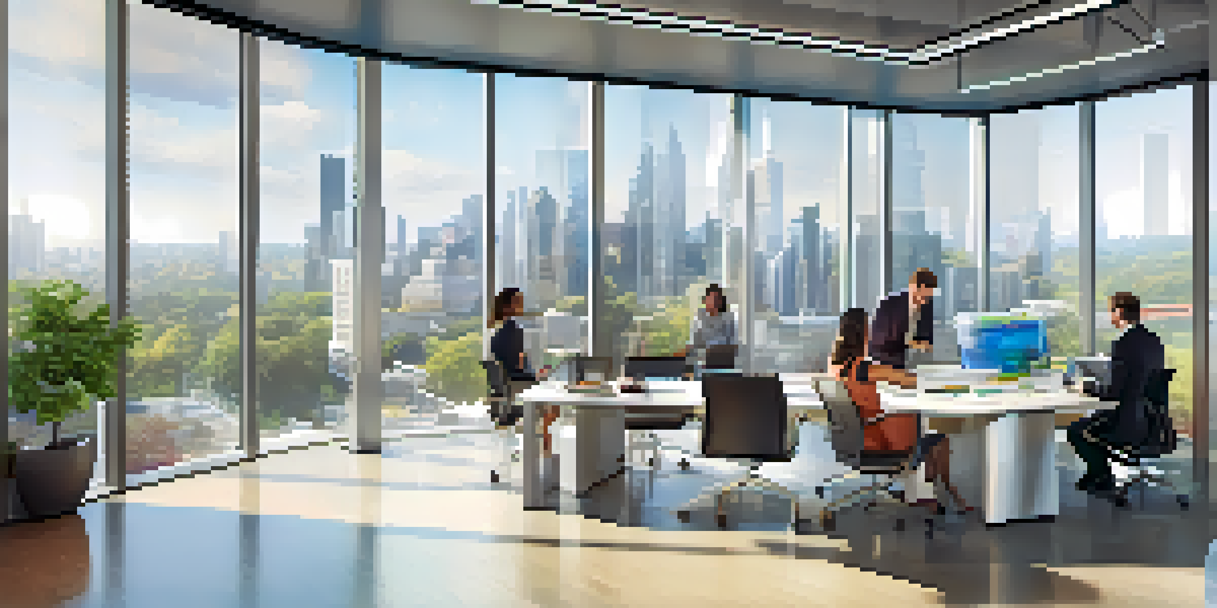 A diverse group of professionals in a modern office space, discussing around a conference table with a city view outside.