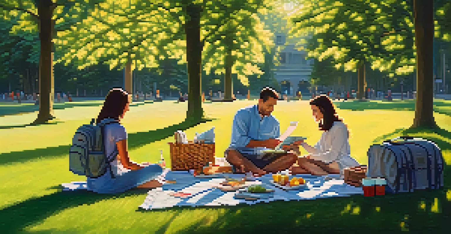 A family having a picnic in a park with a backpack containing financial planning items.