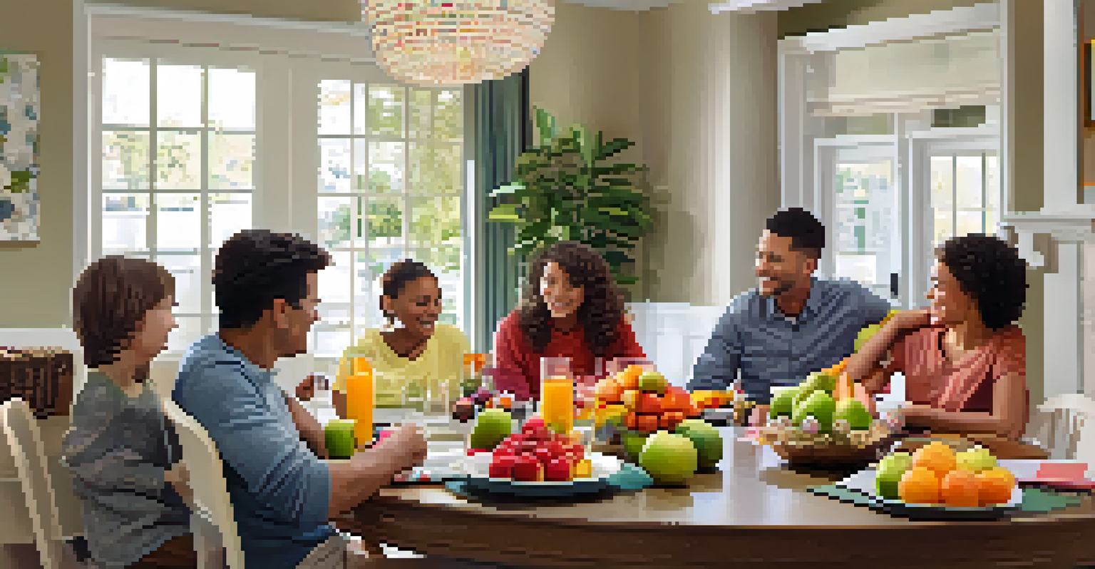 A family discussing education plans at a dining table with fruits and flowers, looking at a brochure.
