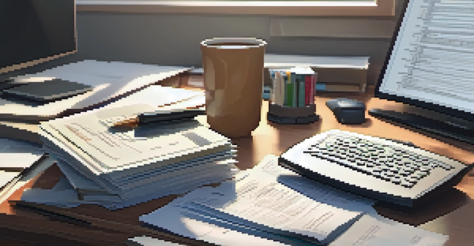 A cluttered desk with tax documents, a calculator, and a computer, illuminated by soft natural light.