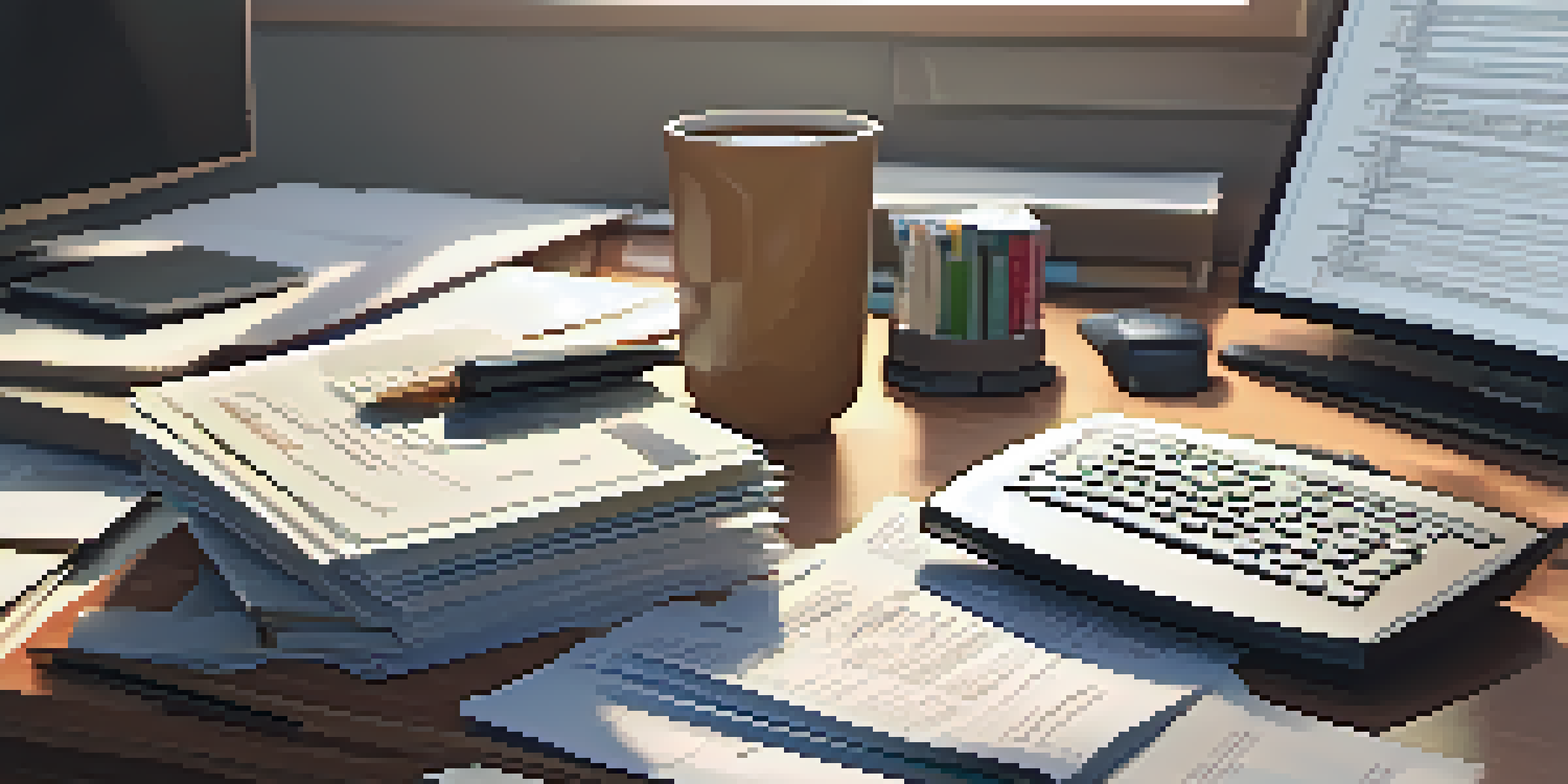 A cluttered desk with tax documents, a calculator, and a computer, illuminated by soft natural light.