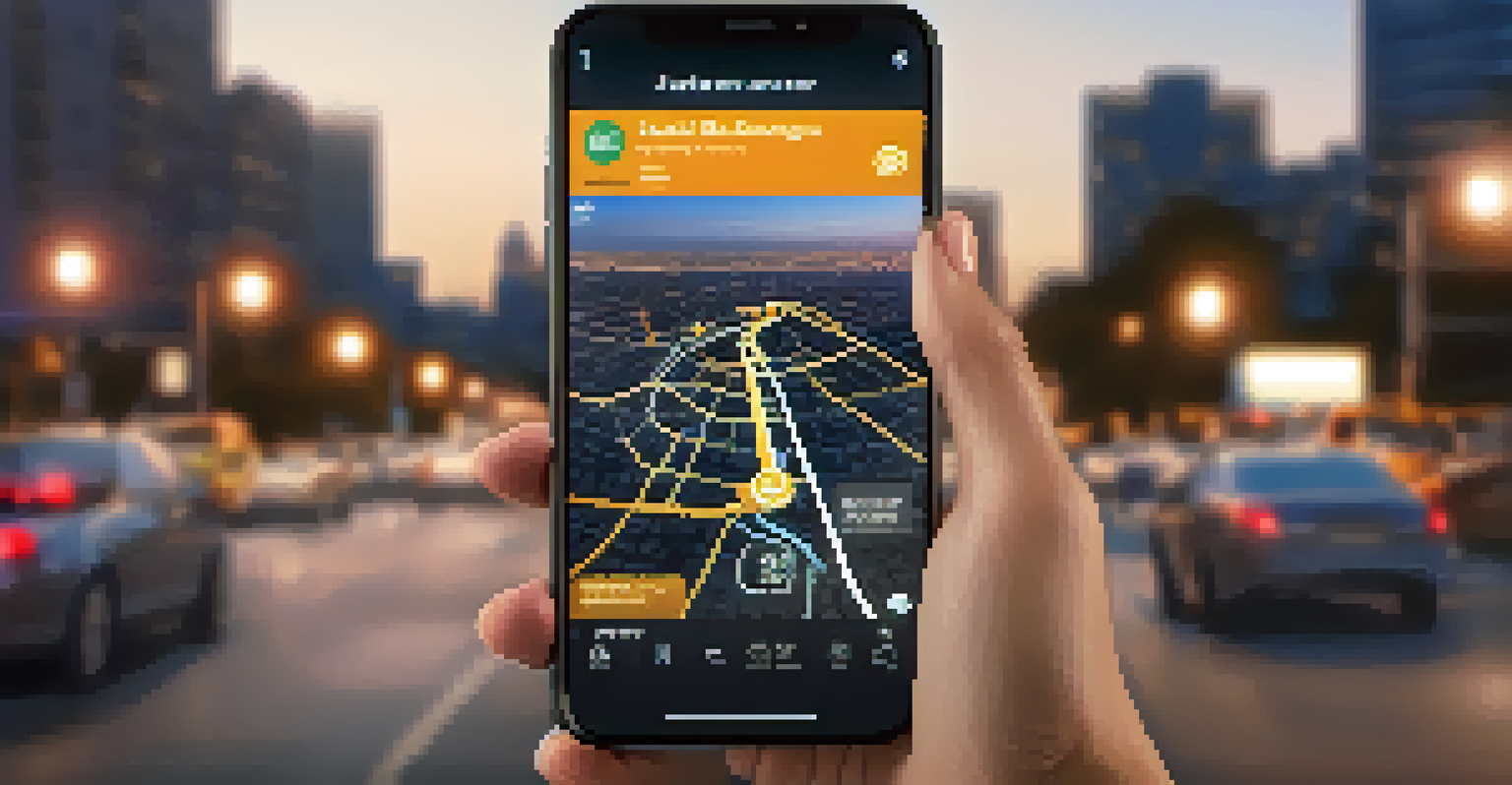 A close-up of a smartphone with a ride-sharing app interface against a blurred city background at dusk.