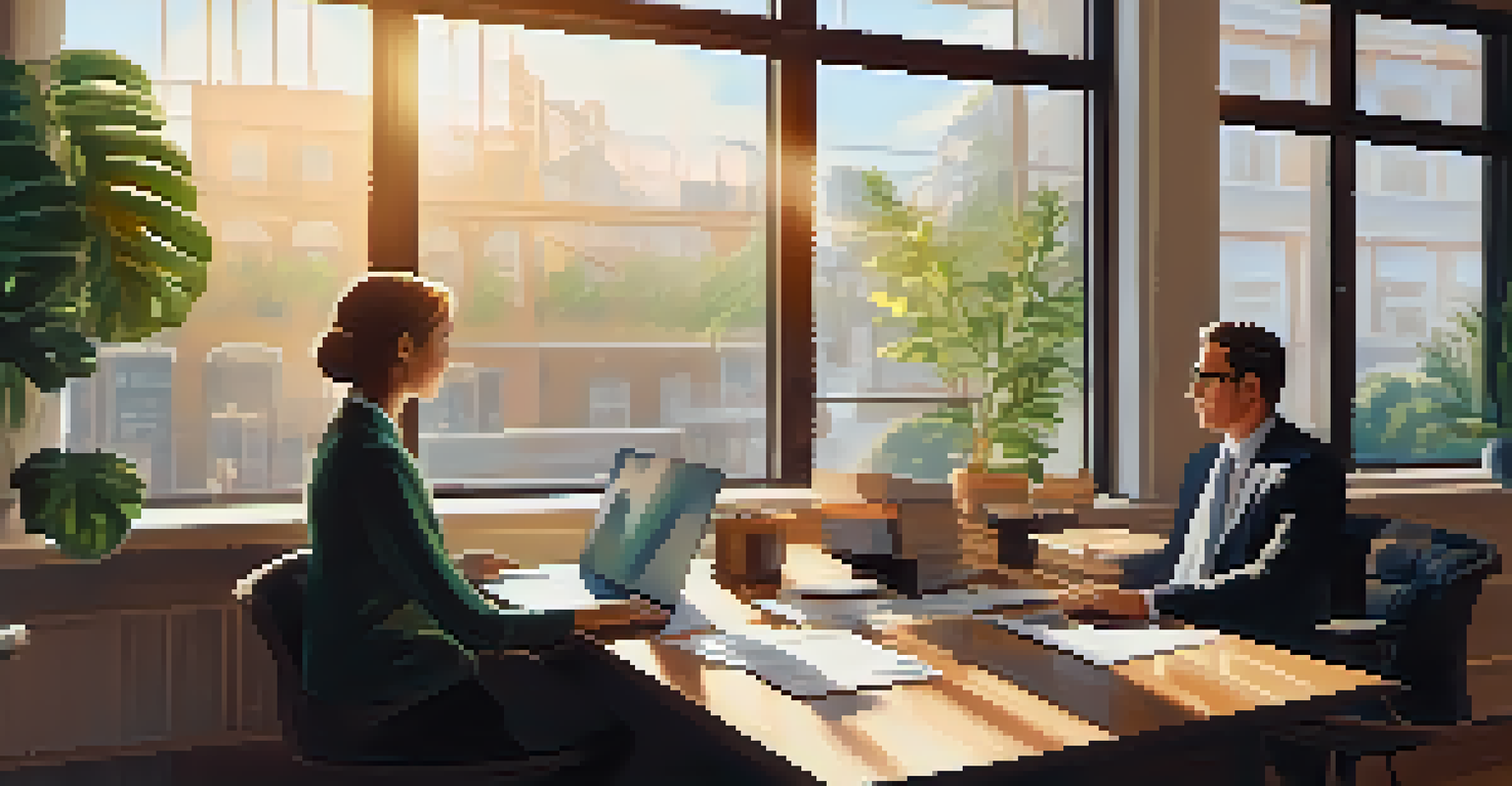 A tax advisor and business owner discussing tax strategies in a serene office with warm sunlight.