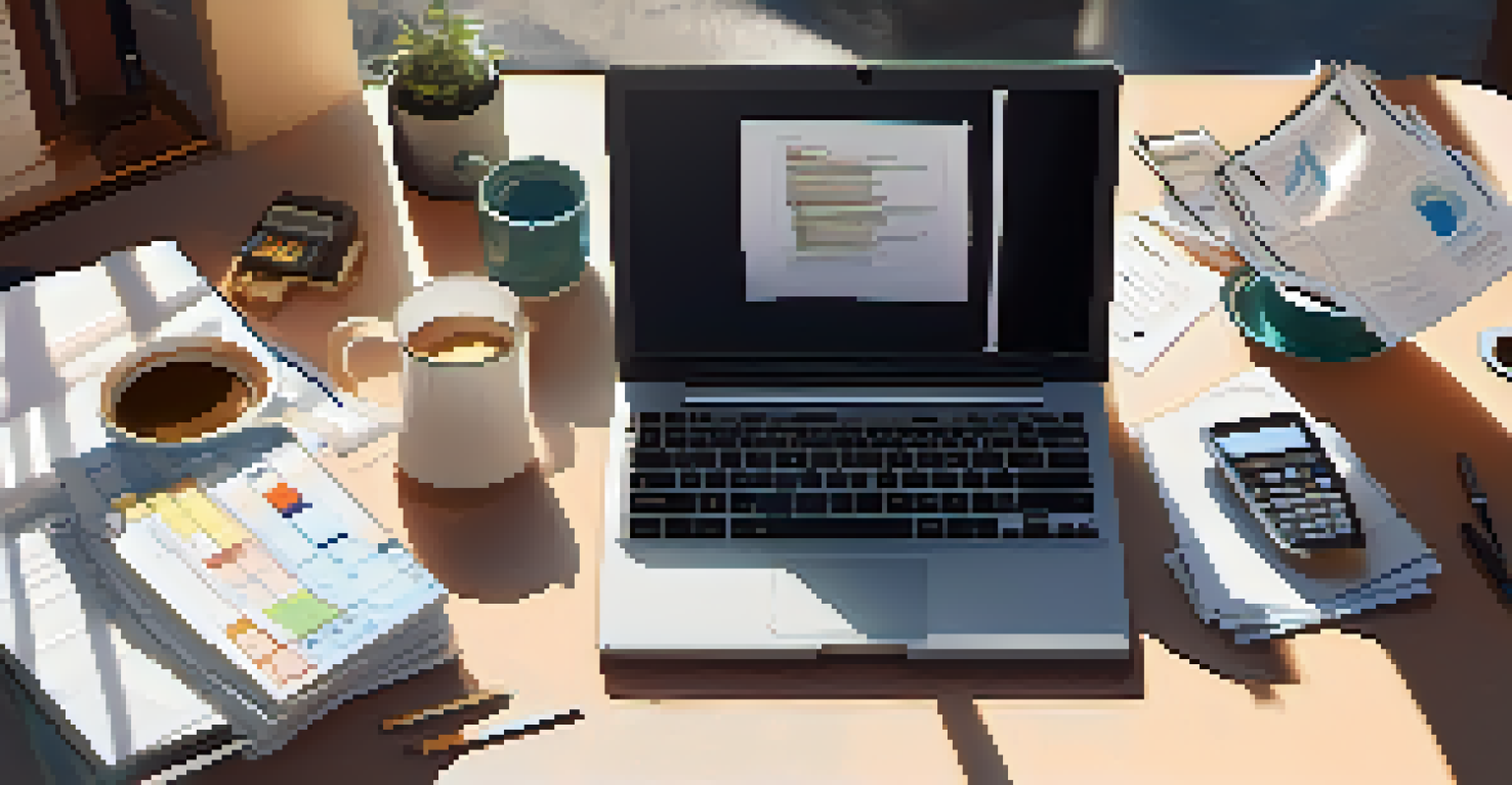 An overhead view of a freelancer's desk filled with financial documents, a calculator, and a laptop showing graphs.