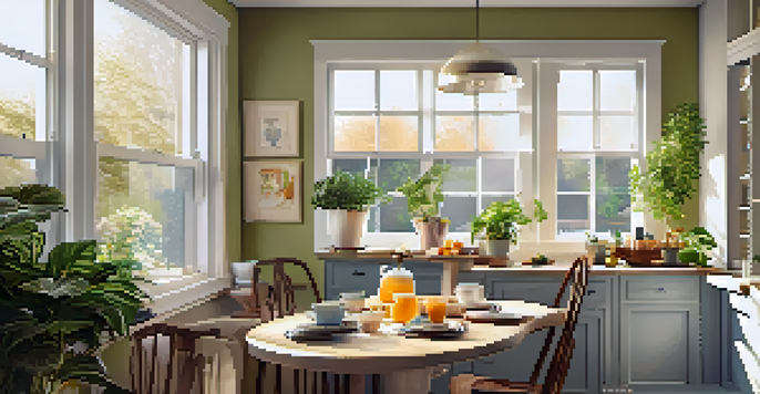 A sunlit kitchen showcasing energy-efficient windows with a cozy breakfast nook and a cup of coffee on the table.