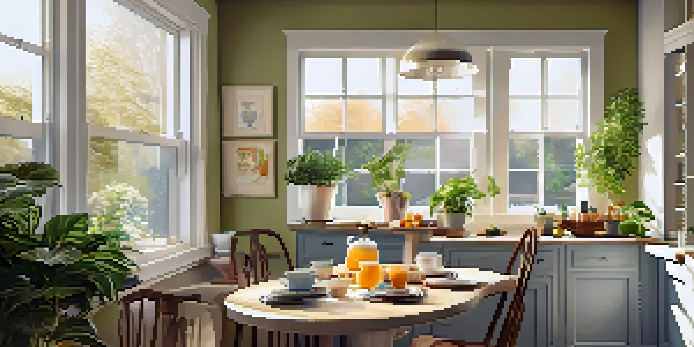 A sunlit kitchen showcasing energy-efficient windows with a cozy breakfast nook and a cup of coffee on the table.