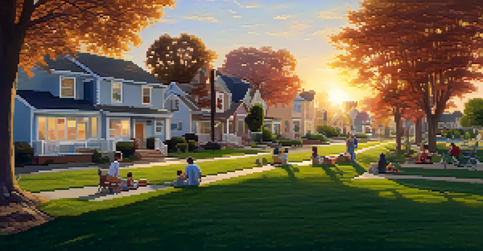 A peaceful suburban neighborhood at sunset with families enjoying a picnic on the lawn.