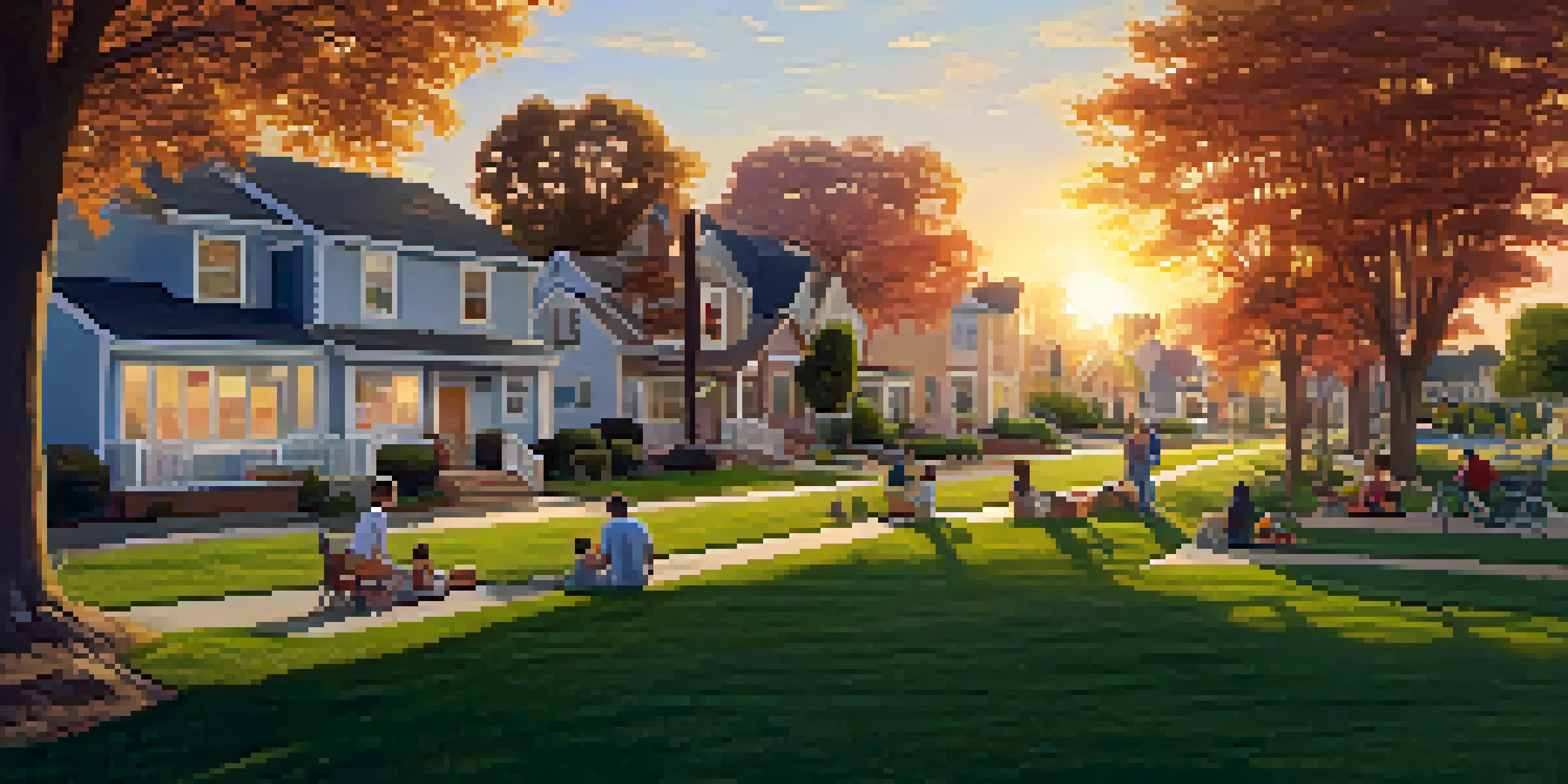 A peaceful suburban neighborhood at sunset with families enjoying a picnic on the lawn.