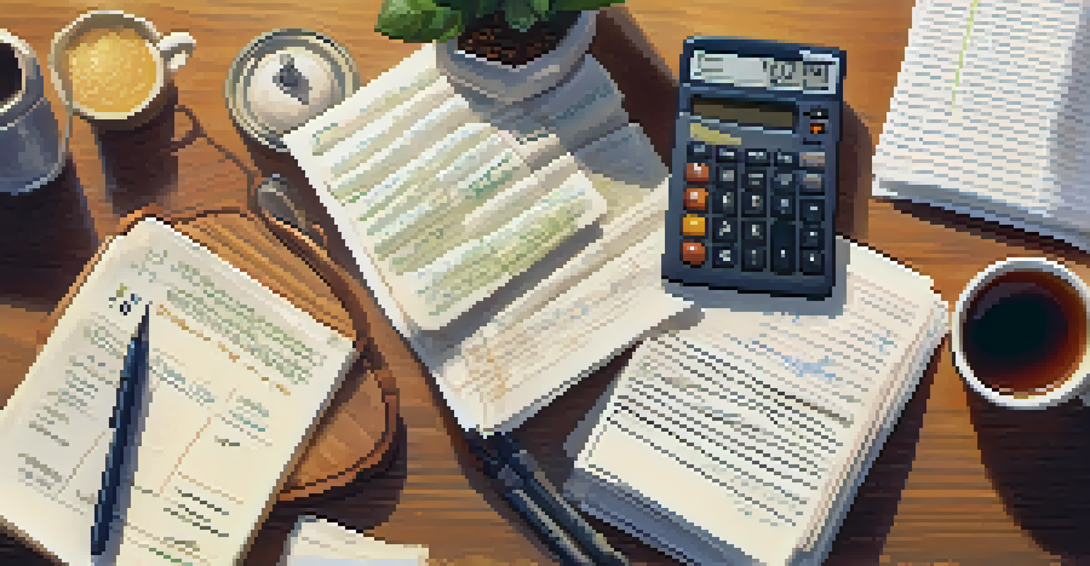 Overhead view of a dining table with tax preparation materials including a calculator, financial statements, a cup of tea, and an open notepad with handwritten notes.