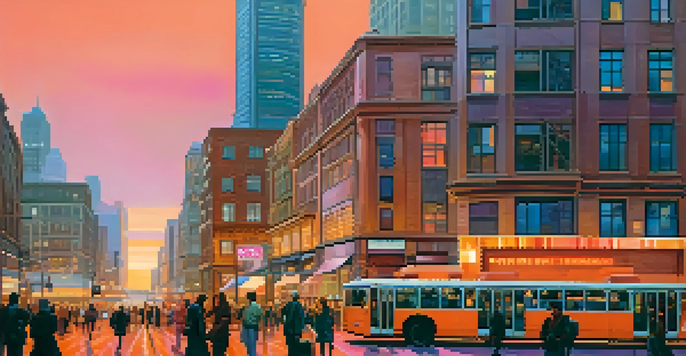 A city skyline at sunset with people walking and vibrant colors in the sky.