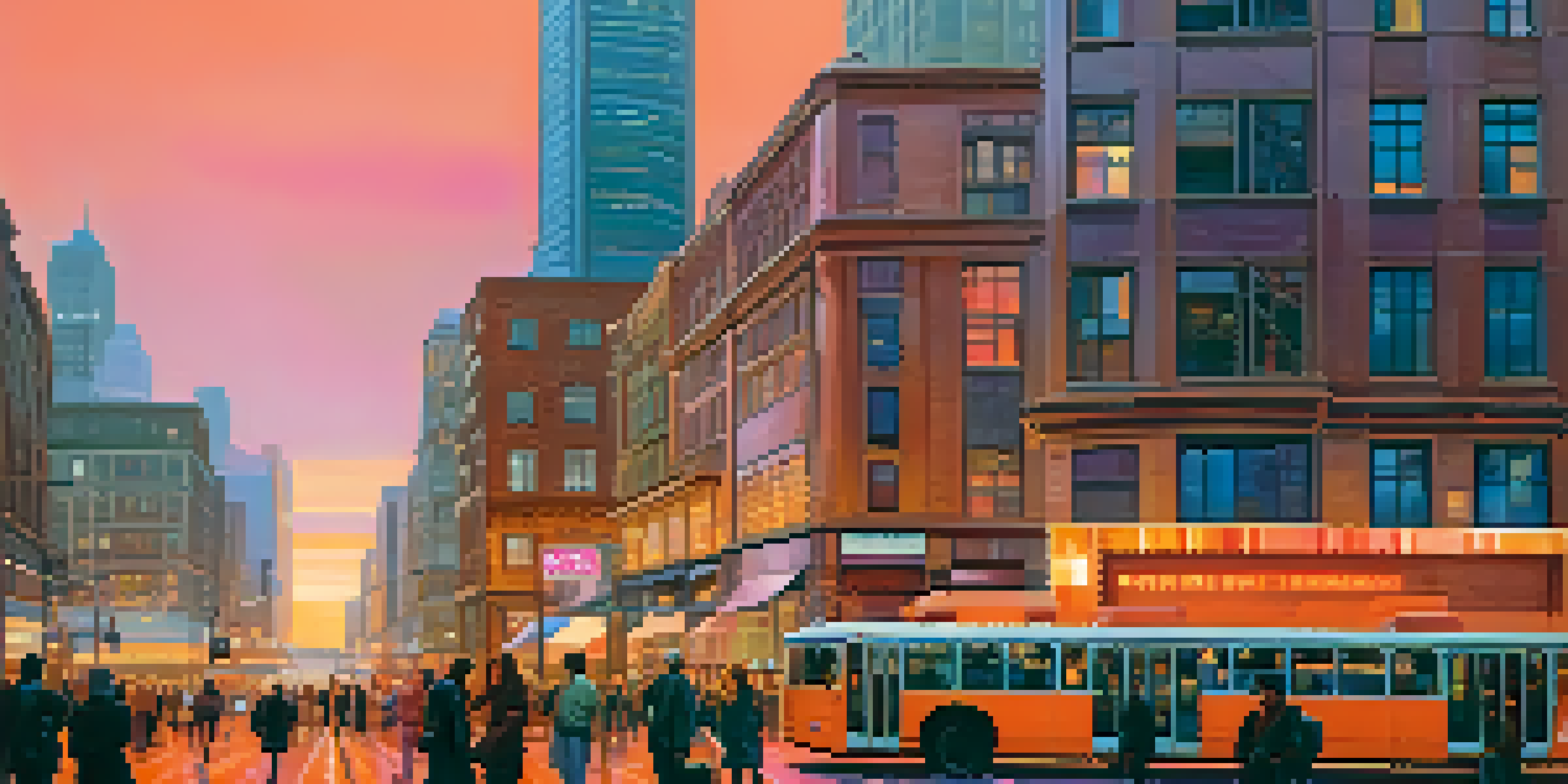 A city skyline at sunset with people walking and vibrant colors in the sky.