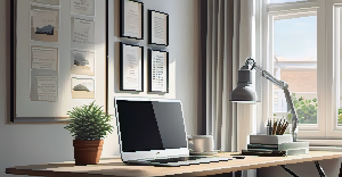 A well-organized home office with a wooden desk, laptop, stationery, and a potted plant, illuminated by natural light from a window.