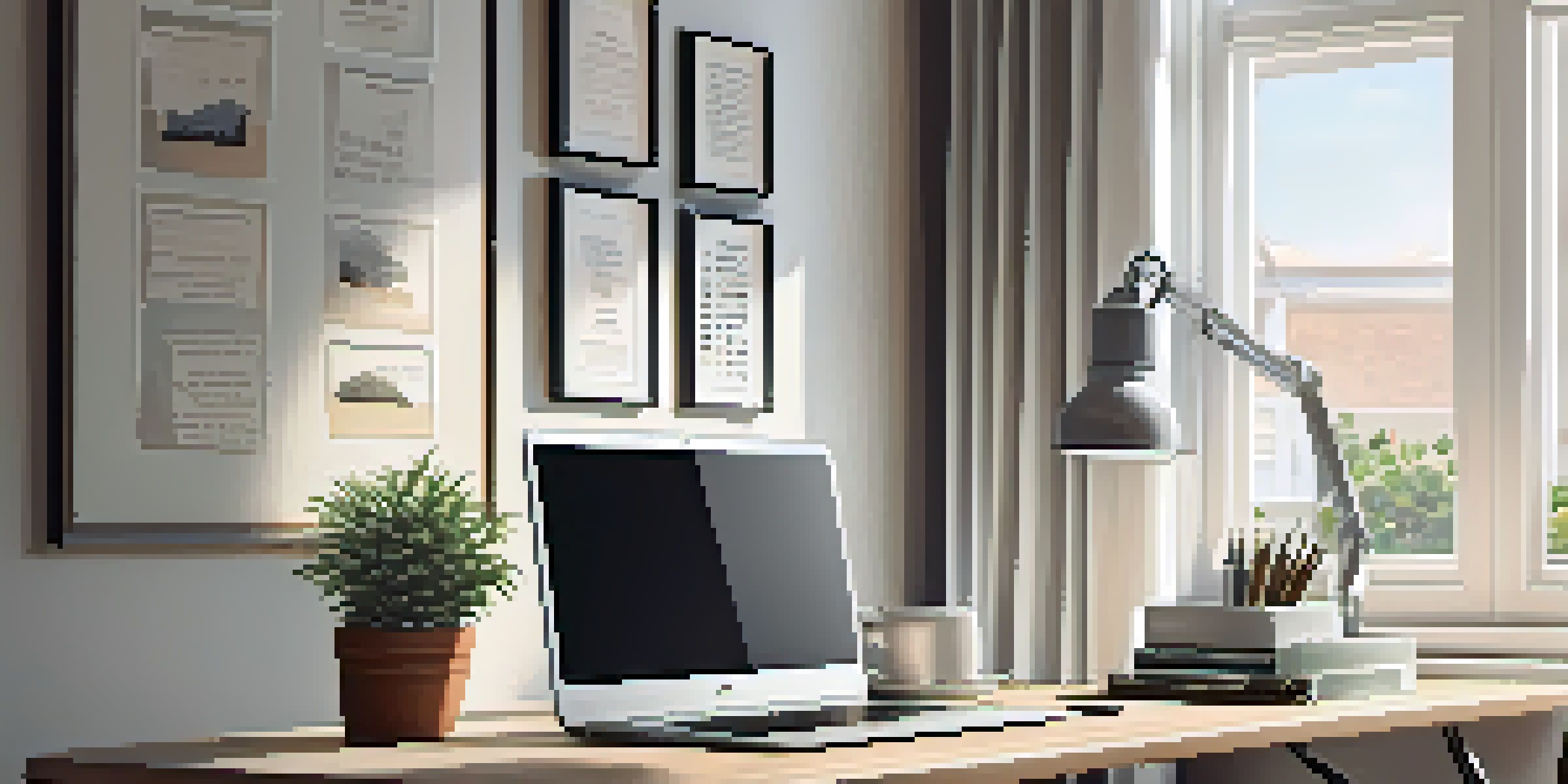 A well-organized home office with a wooden desk, laptop, stationery, and a potted plant, illuminated by natural light from a window.