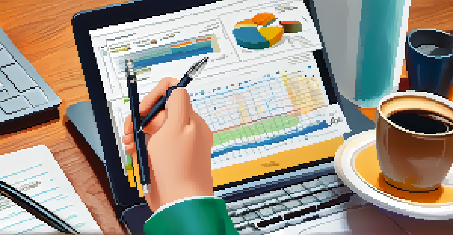 A hand holding a pen above a financial planning notebook with charts, a laptop showing a TFSA page, and a cup of coffee.