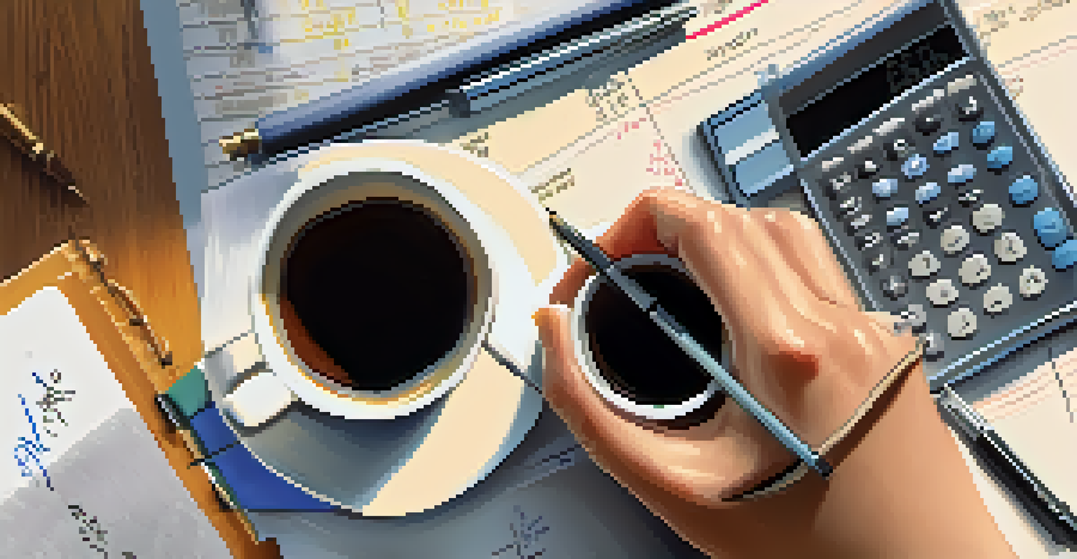 A close-up of a hand writing in a planner with tax notes, accompanied by a calculator and a coffee cup.