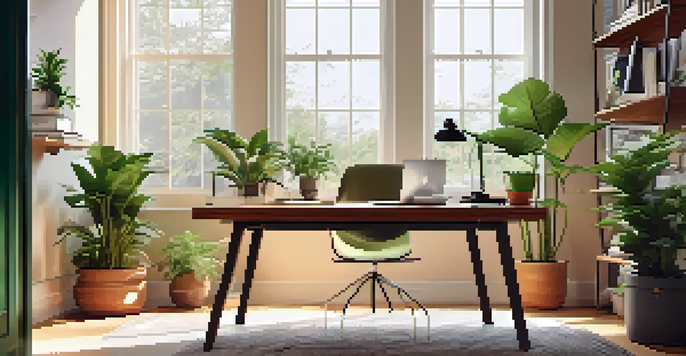 A bright and inviting modern home office with a laptop on a desk, surrounded by indoor plants and motivational quotes on the wall.