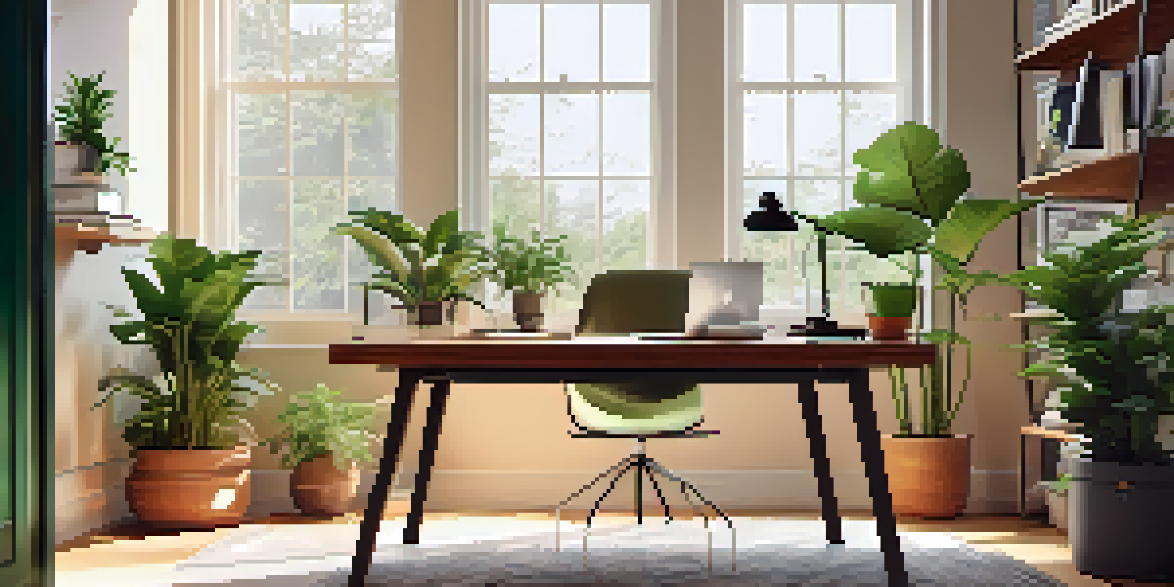 A bright and inviting modern home office with a laptop on a desk, surrounded by indoor plants and motivational quotes on the wall.