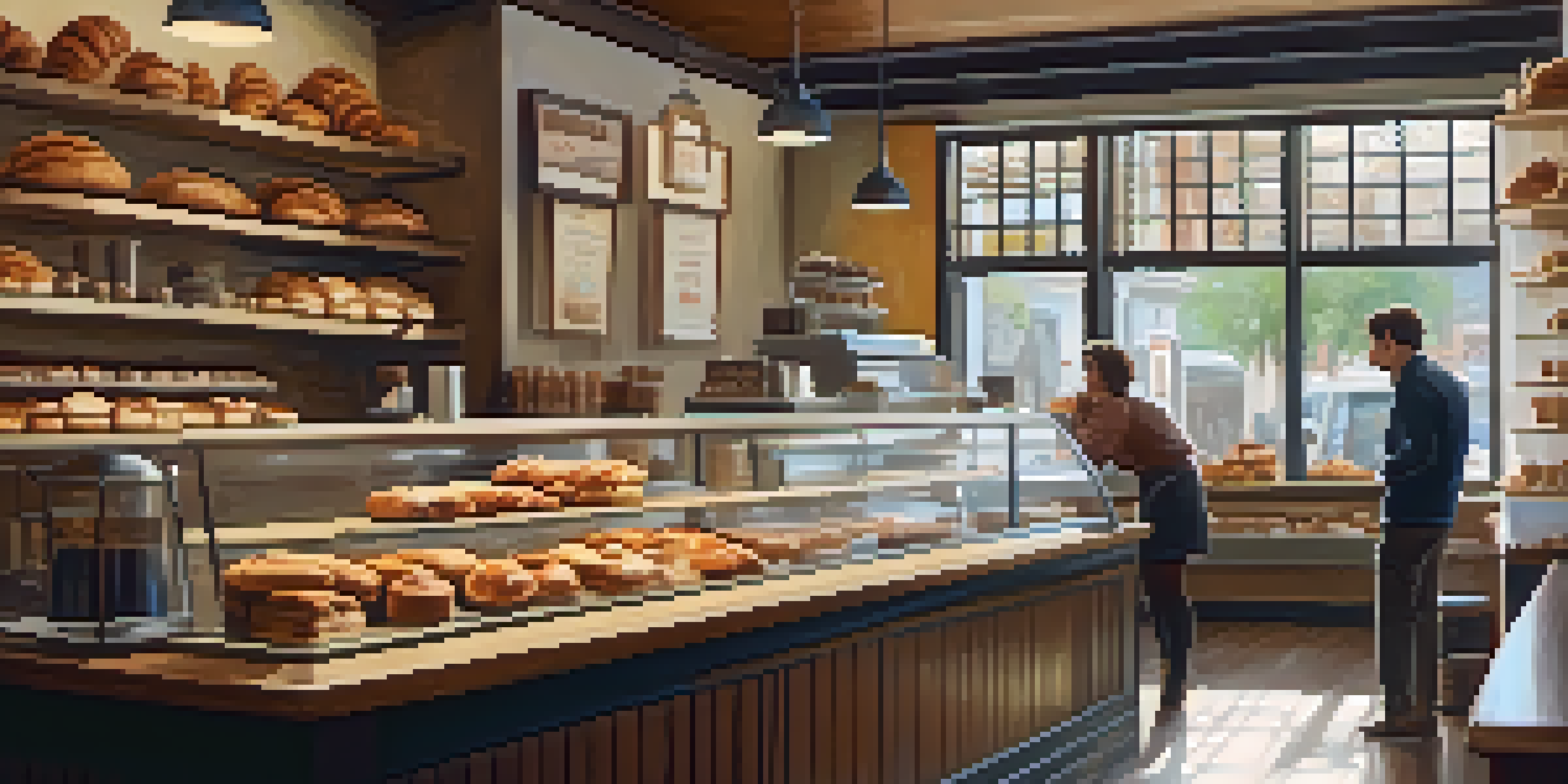A cozy small bakery interior with wooden shelves filled with pastries and a barista making coffee, illuminated by soft natural light.