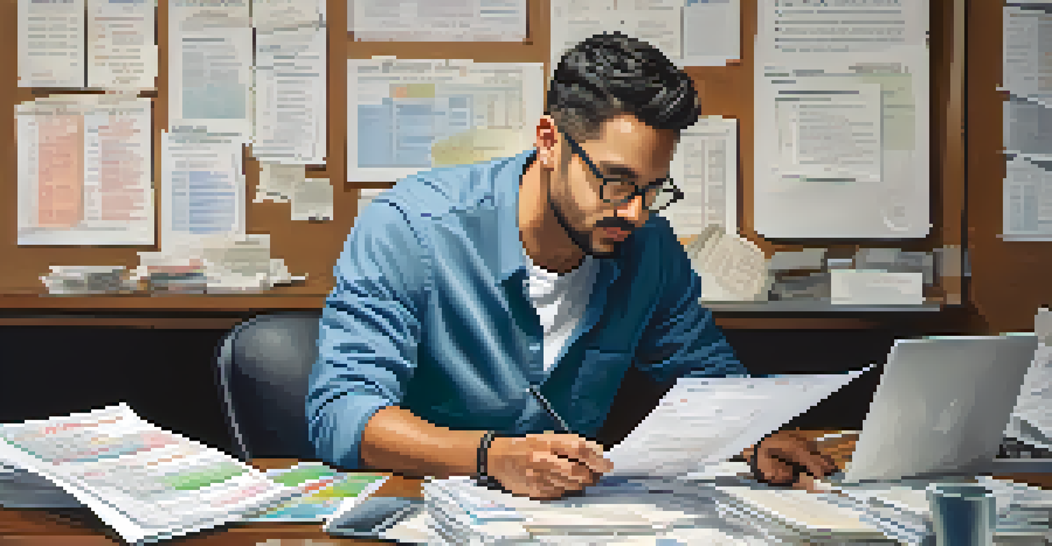 Small business owner reviewing tax documents at a desk filled with receipts and a laptop.