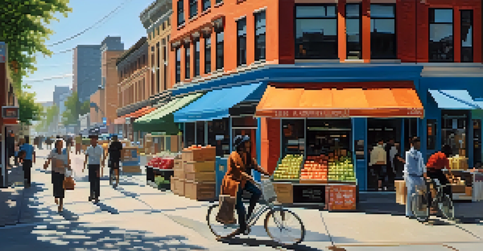 A vibrant city street scene with diverse individuals walking, modern buildings, street vendors, and a cyclist, all under a bright blue sky.