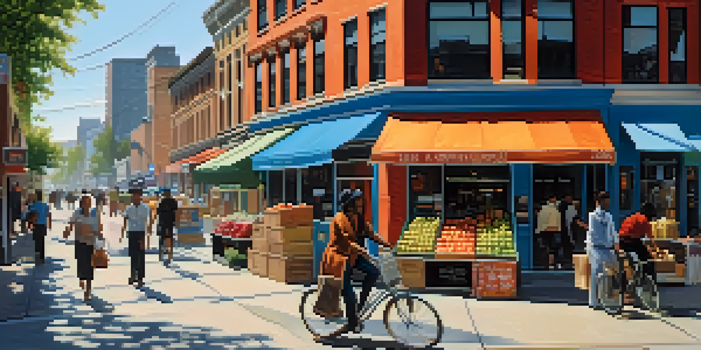 A vibrant city street scene with diverse individuals walking, modern buildings, street vendors, and a cyclist, all under a bright blue sky.