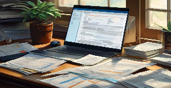 A cluttered desk with tax documents and a laptop, illuminated by soft natural light.