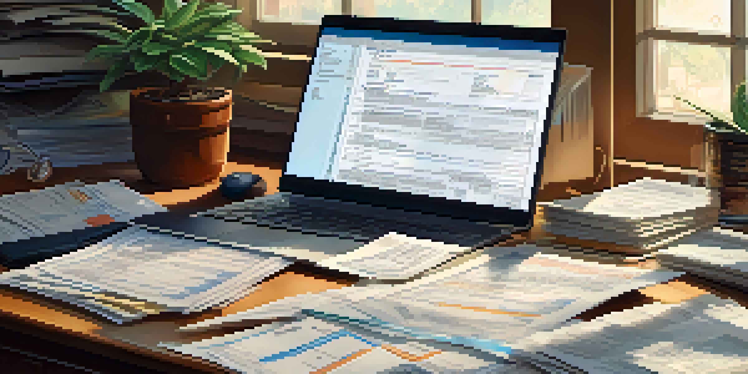 A cluttered desk with tax documents and a laptop, illuminated by soft natural light.