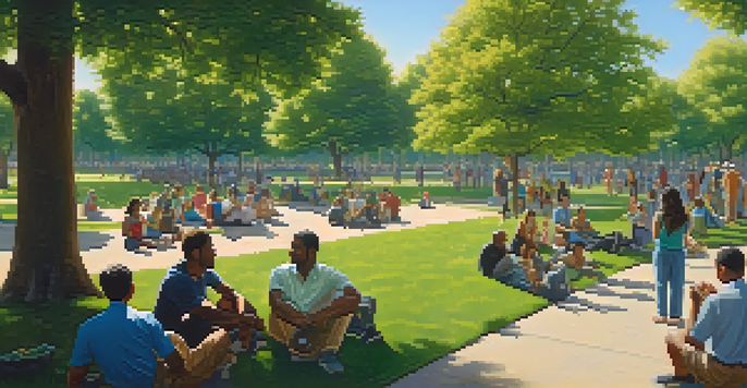 A diverse group of people in a park, discussing and interacting under warm sunlight.