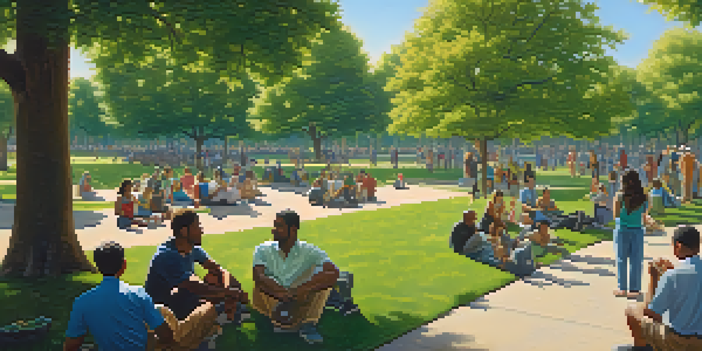 A diverse group of people in a park, discussing and interacting under warm sunlight.
