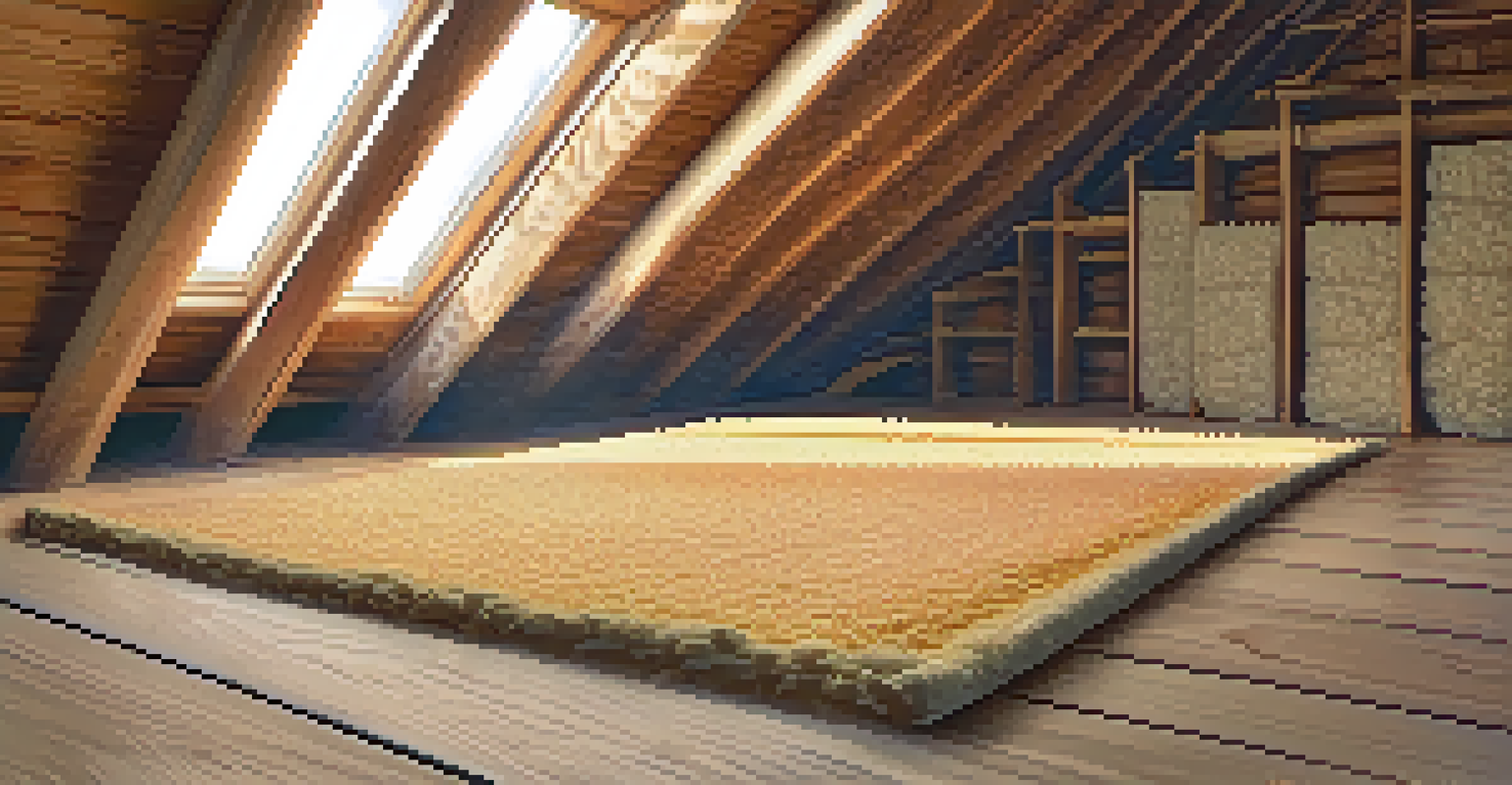A close-up of insulation in an attic, with light filtering through wooden beams and tools arranged nearby.