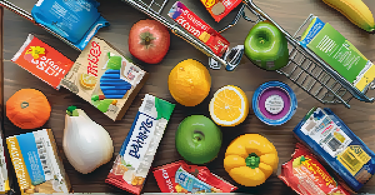 A shopping cart filled with groceries, showcasing rising prices on visible price tags, illuminated with bright lighting.