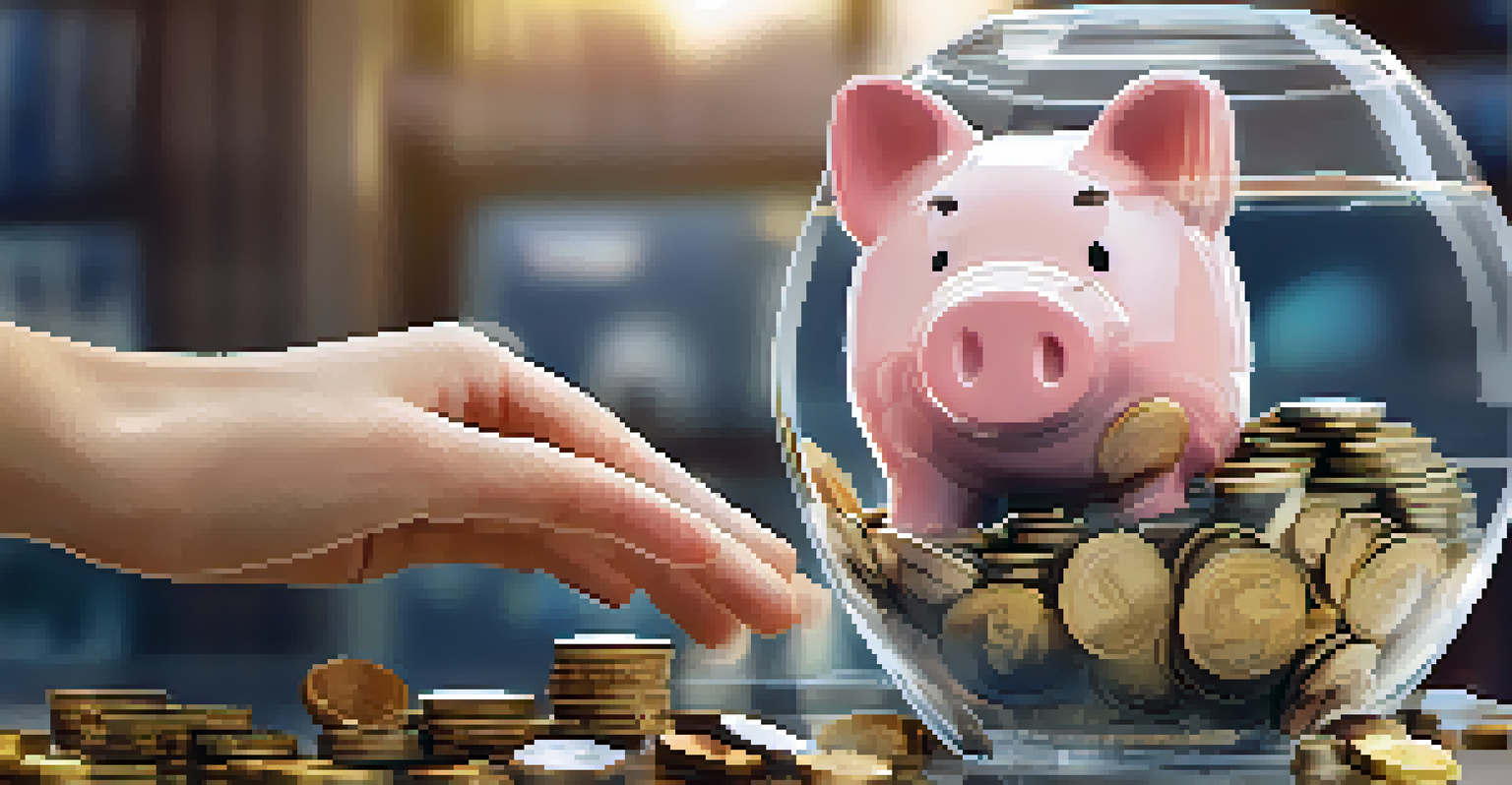 Hands holding a glass piggy bank with coins around it, set against a blurred financial chart background.